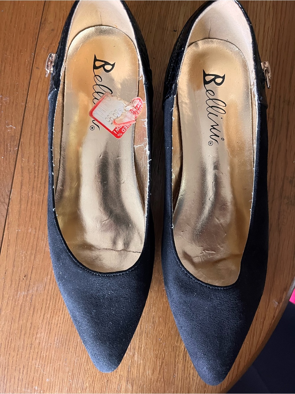 Bellini Black Suede/Faux Leather Pointed Toe Flats with Gold Insoles and Buckle